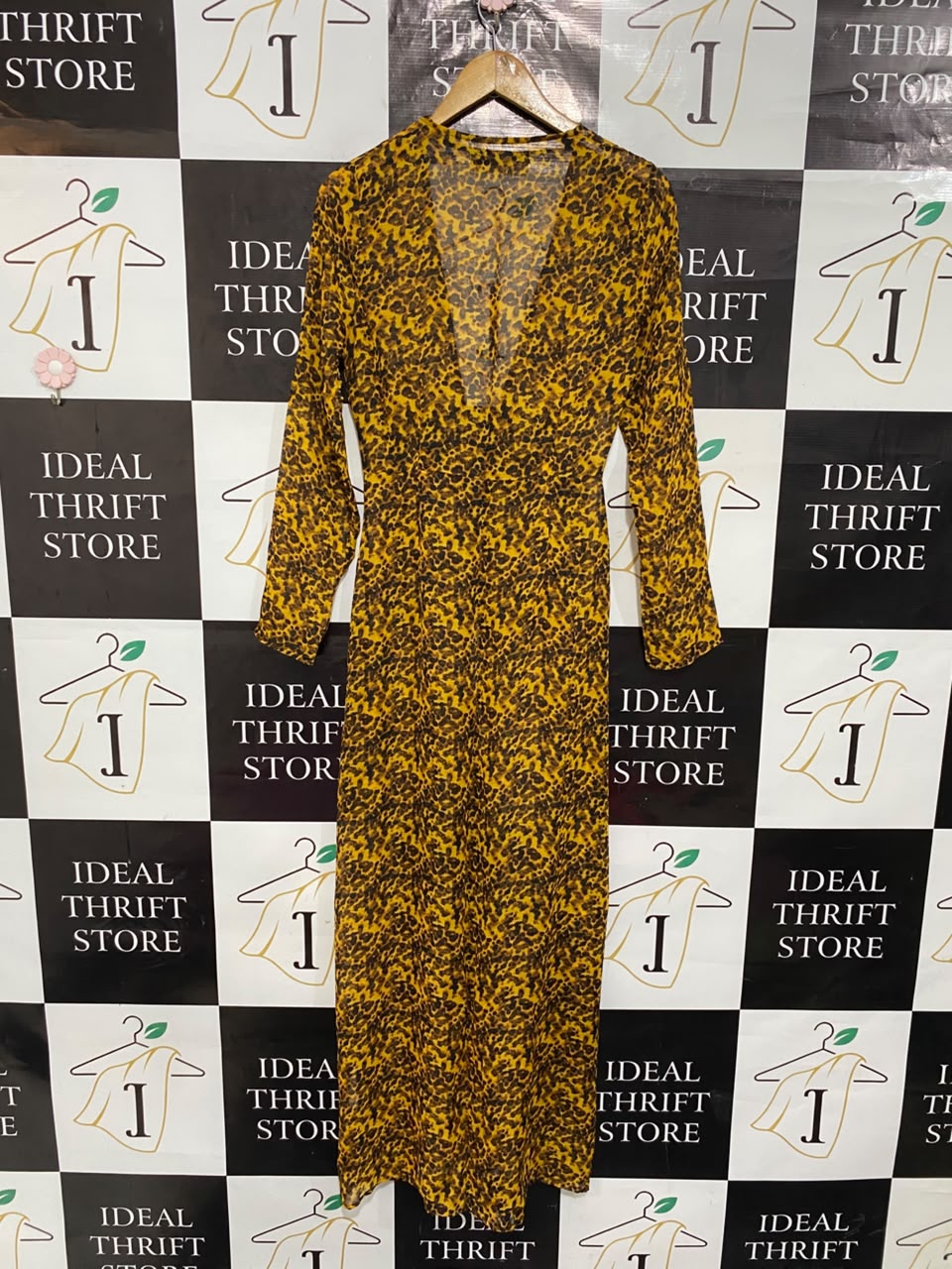 MISSGUIDED |S| BUST 17 | A22 |LEOPARD ANIMAL PRINT LONG SLEEVE V-NECK MAXI DRESS WITH FRONT TIE DETAIL | A22|