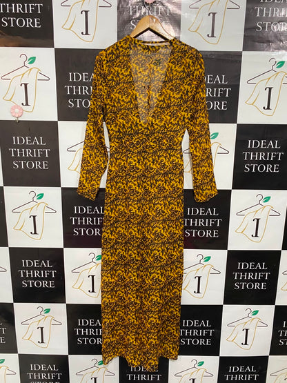 MISSGUIDED |S| BUST 17 | A22 |LEOPARD ANIMAL PRINT LONG SLEEVE V-NECK MAXI DRESS WITH FRONT TIE DETAIL | A22|