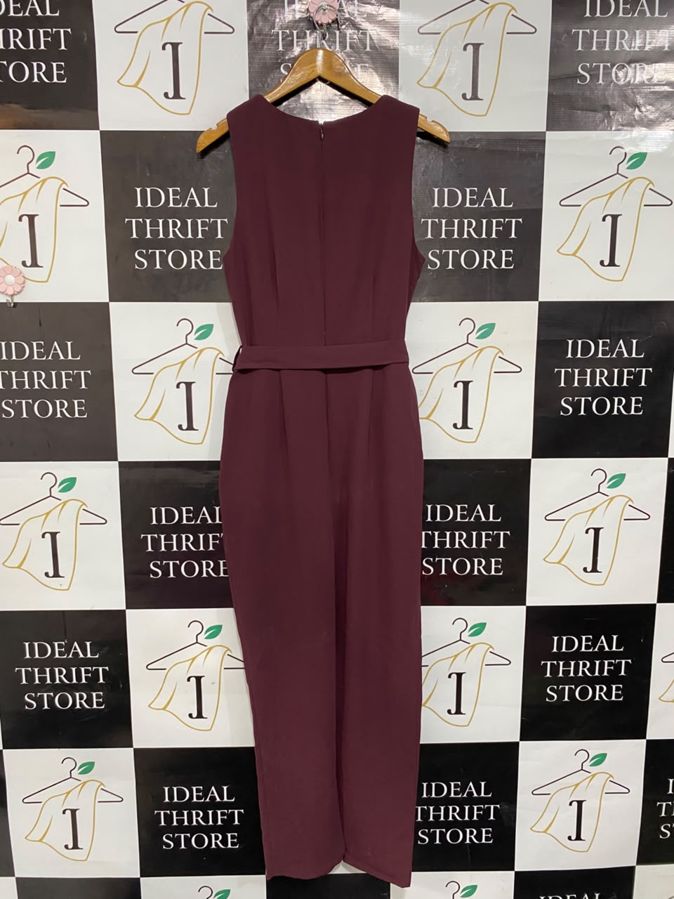 REDHERRING |M| BUST 18| A22| ELEGANT BURGUNDY SLEEVELESS WIDE-LEG JUMPSUIT WITH GOLD BUTTON SHOULDER ACCENTS AND TIE BELT