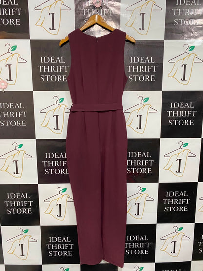 REDHERRING |M| BUST 18| A22| ELEGANT BURGUNDY SLEEVELESS WIDE-LEG JUMPSUIT WITH GOLD BUTTON SHOULDER ACCENTS AND TIE BELT