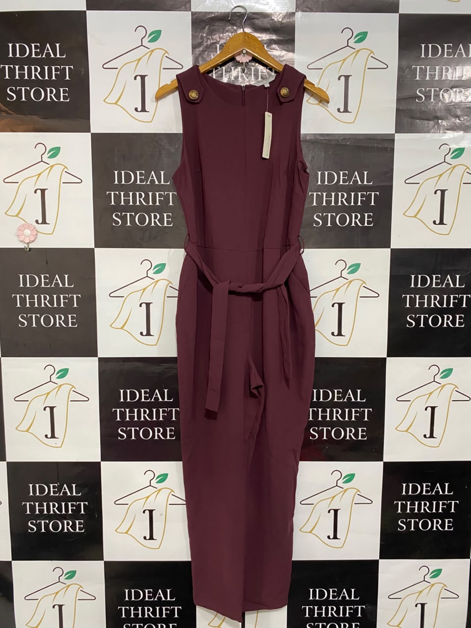 REDHERRING |M| BUST 18| A22| ELEGANT BURGUNDY SLEEVELESS WIDE-LEG JUMPSUIT WITH GOLD BUTTON SHOULDER ACCENTS AND TIE BELT
