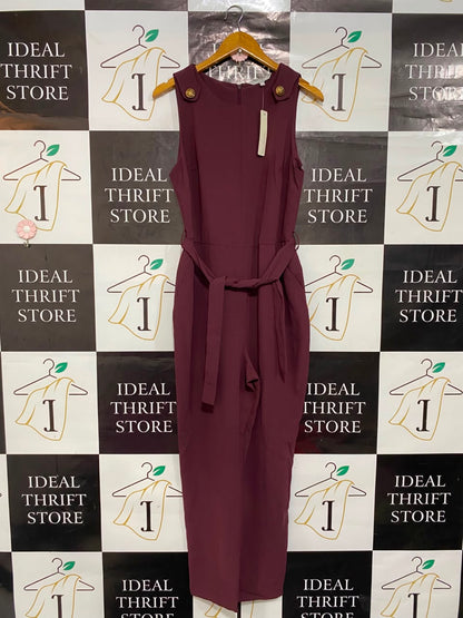 REDHERRING |M| BUST 18| A22| ELEGANT BURGUNDY SLEEVELESS WIDE-LEG JUMPSUIT WITH GOLD BUTTON SHOULDER ACCENTS AND TIE BELT