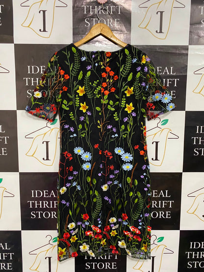 M&S |M| BUST 17| A22| BLACK MESH SHORT SLEEVE SHEATH DRESS WITH MULTICOLOR FLORAL EMBROIDERY AND VIBRANT BOTANICAL ACCENTS