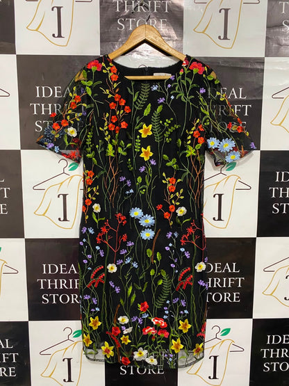 M&S |M| BUST 17| A22| BLACK MESH SHORT SLEEVE SHEATH DRESS WITH MULTICOLOR FLORAL EMBROIDERY AND VIBRANT BOTANICAL ACCENTS