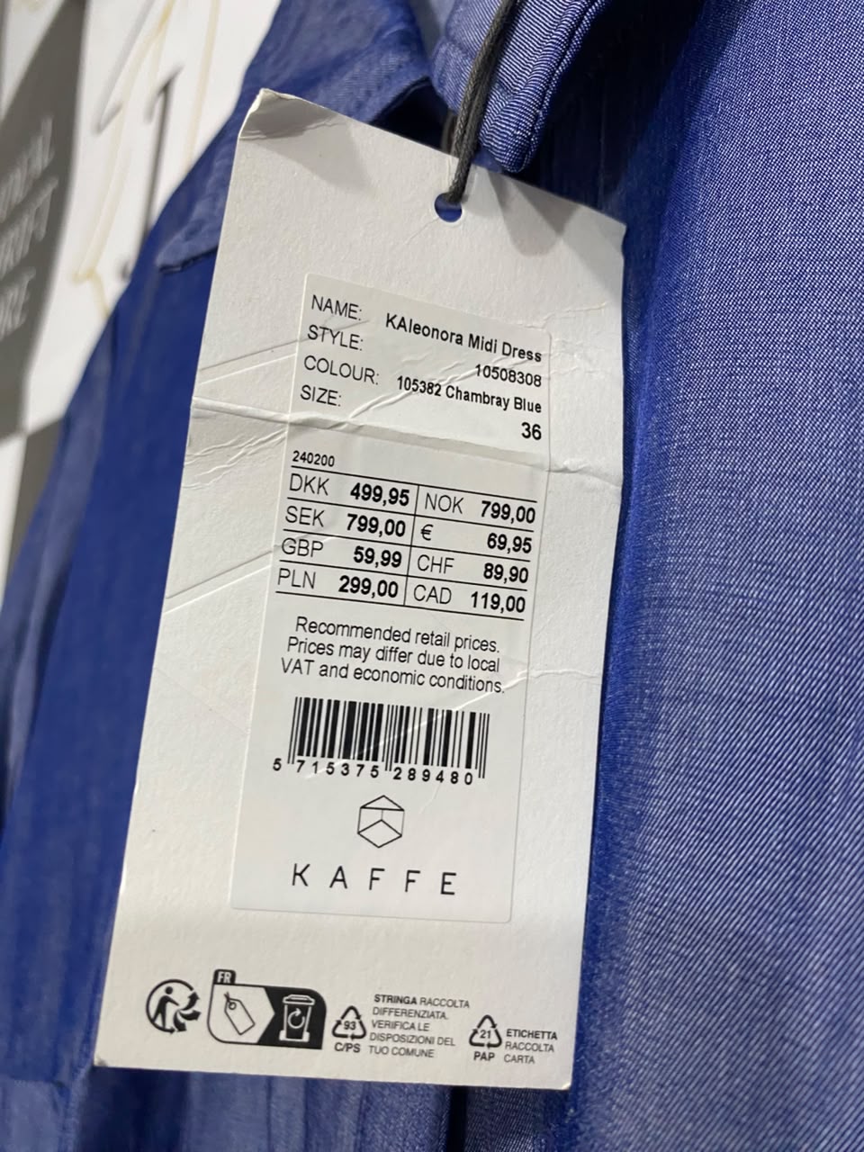 KAFFE |L| BUST 20| A22| BLUE SHIRT DRESS LONG SLEEVE BUTTON-DOWN MIDI DRESS
