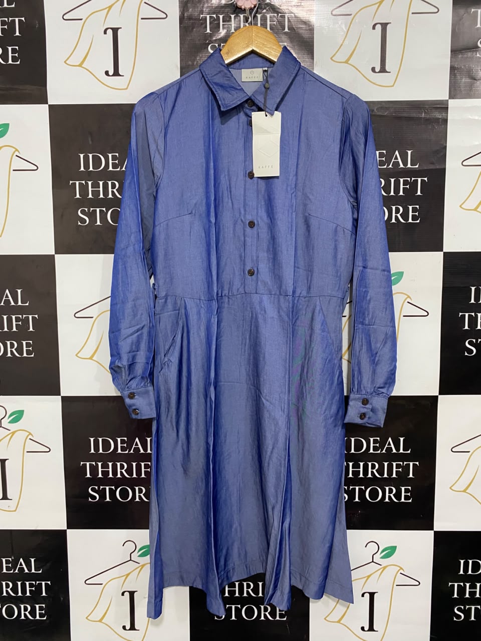KAFFE |L| BUST 20| A22| BLUE SHIRT DRESS LONG SLEEVE BUTTON-DOWN MIDI DRESS