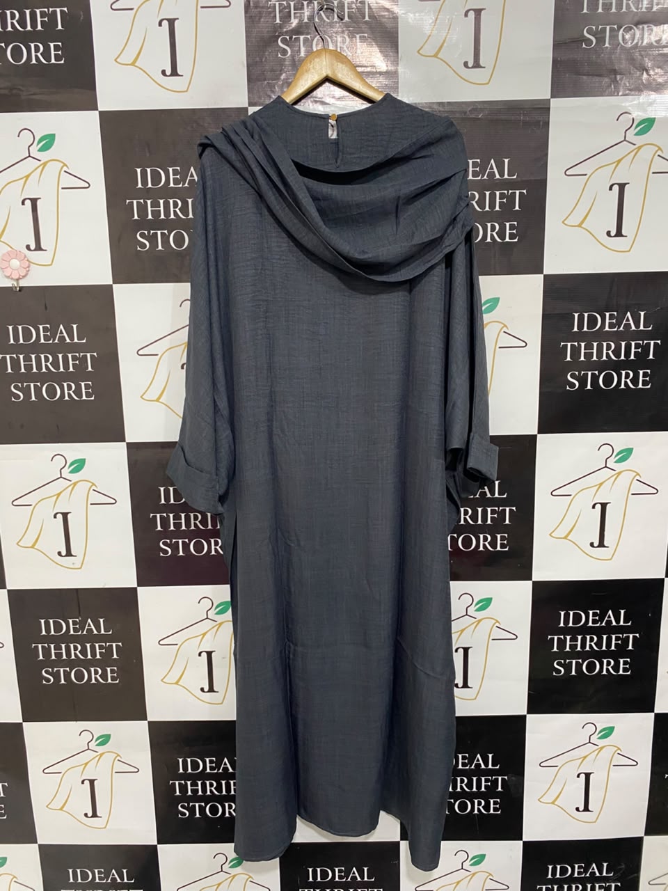 DREAM HOUSE |M| BUST FREE| A22| DARK GREY DRAPED COWL NECK KAFTAN MIDI DRESS OVERSIZED RELAXED FIT LONG SLEEVE MAXI DRESS