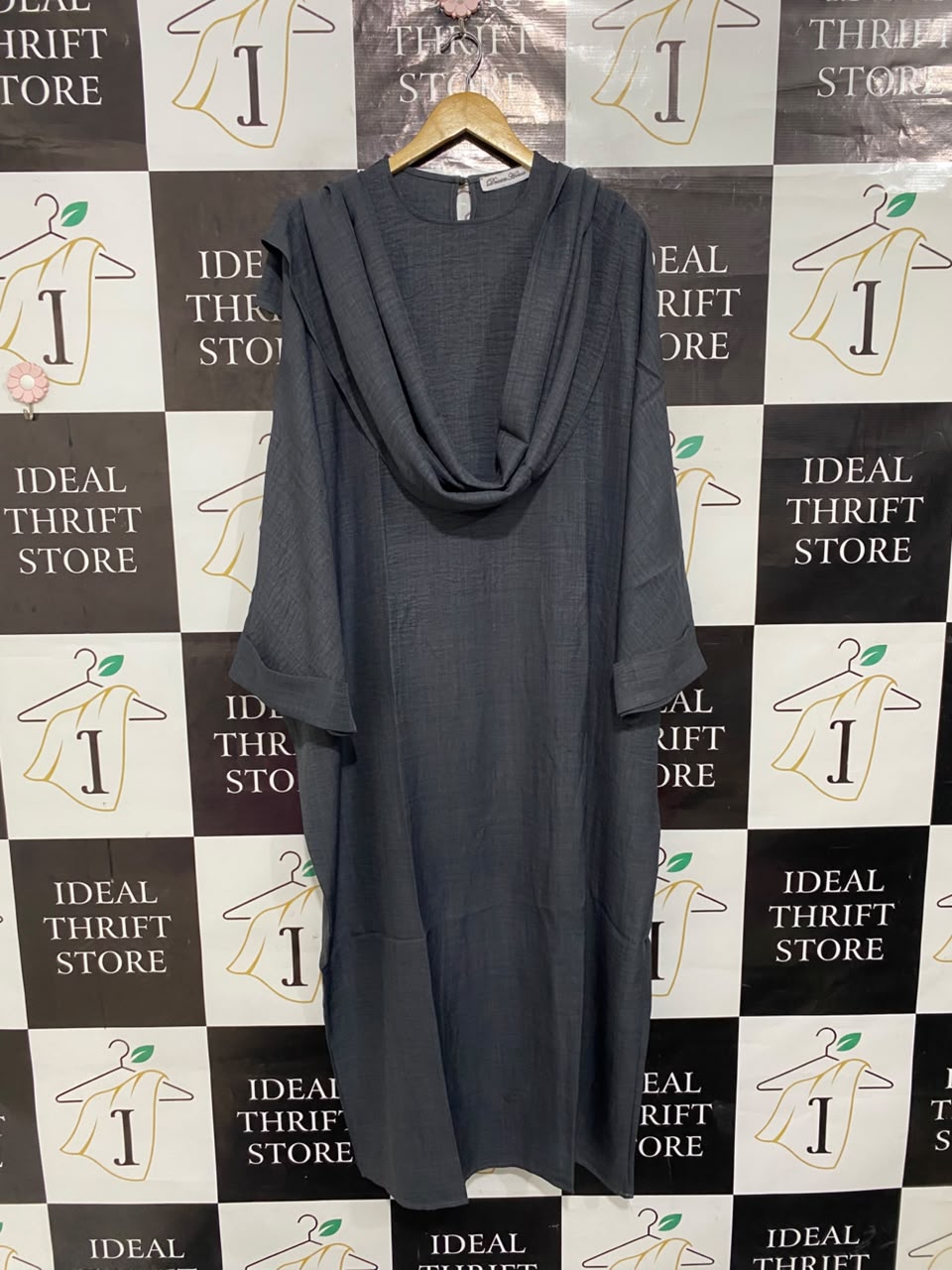DREAM HOUSE |M| BUST FREE| A22| DARK GREY DRAPED COWL NECK KAFTAN MIDI DRESS OVERSIZED RELAXED FIT LONG SLEEVE MAXI DRESS