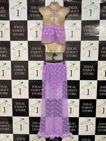 |M| A21| LAVENDER HEART PATTERN SHEER CAMI TOP AND MATCHING LONG SKIRT TWO-PIECE SET WITH RUFFLE ACCENTS