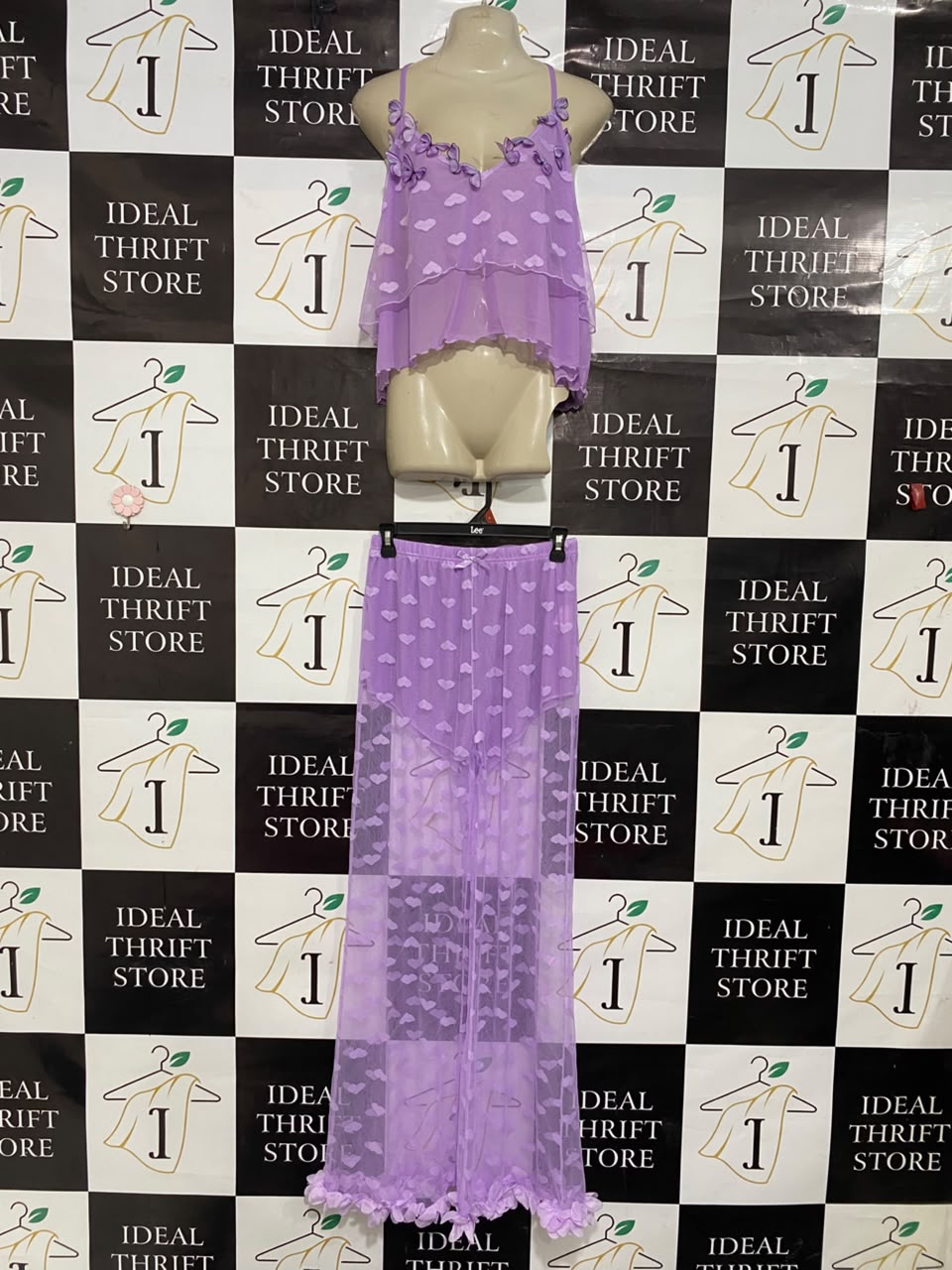 |M| A21| LAVENDER HEART PATTERN SHEER CAMI TOP AND MATCHING LONG SKIRT TWO-PIECE SET WITH RUFFLE ACCENTS