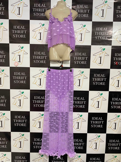 |M| A21| LAVENDER HEART PATTERN SHEER CAMI TOP AND MATCHING LONG SKIRT TWO-PIECE SET WITH RUFFLE ACCENTS