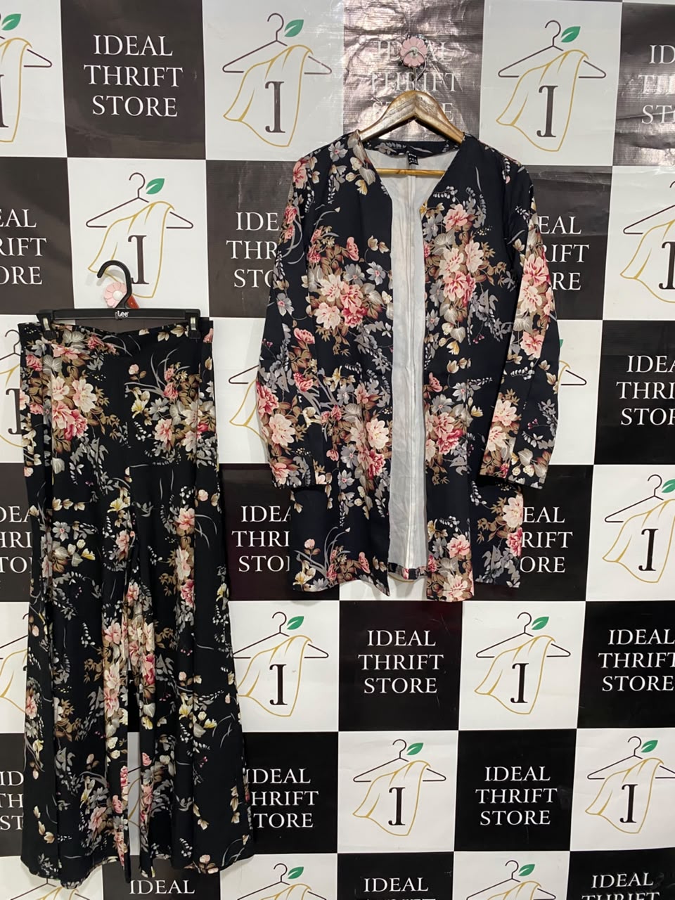 SHEIN |L| A21| BLACK FLORAL OPEN FRONT LONG CARDIGAN AND WIDE-LEG PANTS TWO-PIECE MATCHING CO-ORD SET