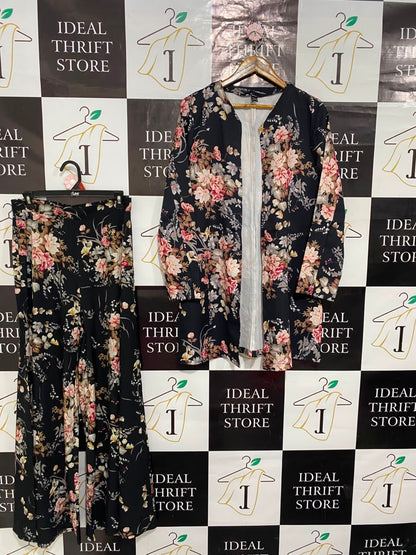 SHEIN |L| A21| BLACK FLORAL OPEN FRONT LONG CARDIGAN AND WIDE-LEG PANTS TWO-PIECE MATCHING CO-ORD SET