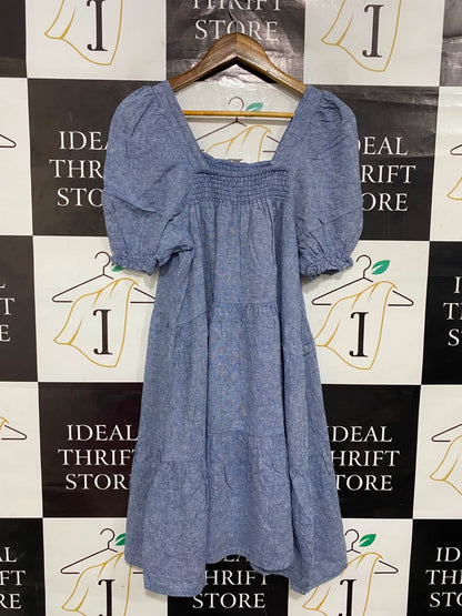 F&F |S| BUST 17| A21| BLUE SMOCKED SQUARE NECK TIERED MIDI DRESS WITH SHORT PUFF SLEEVES