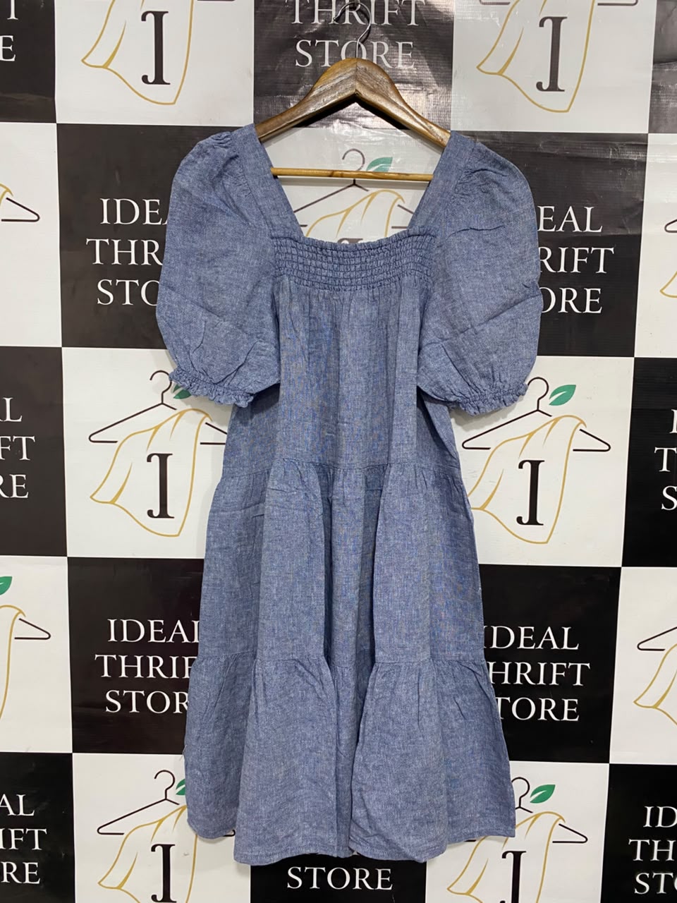 F&F |S| BUST 17| A21| BLUE SMOCKED SQUARE NECK TIERED MIDI DRESS WITH SHORT PUFF SLEEVES