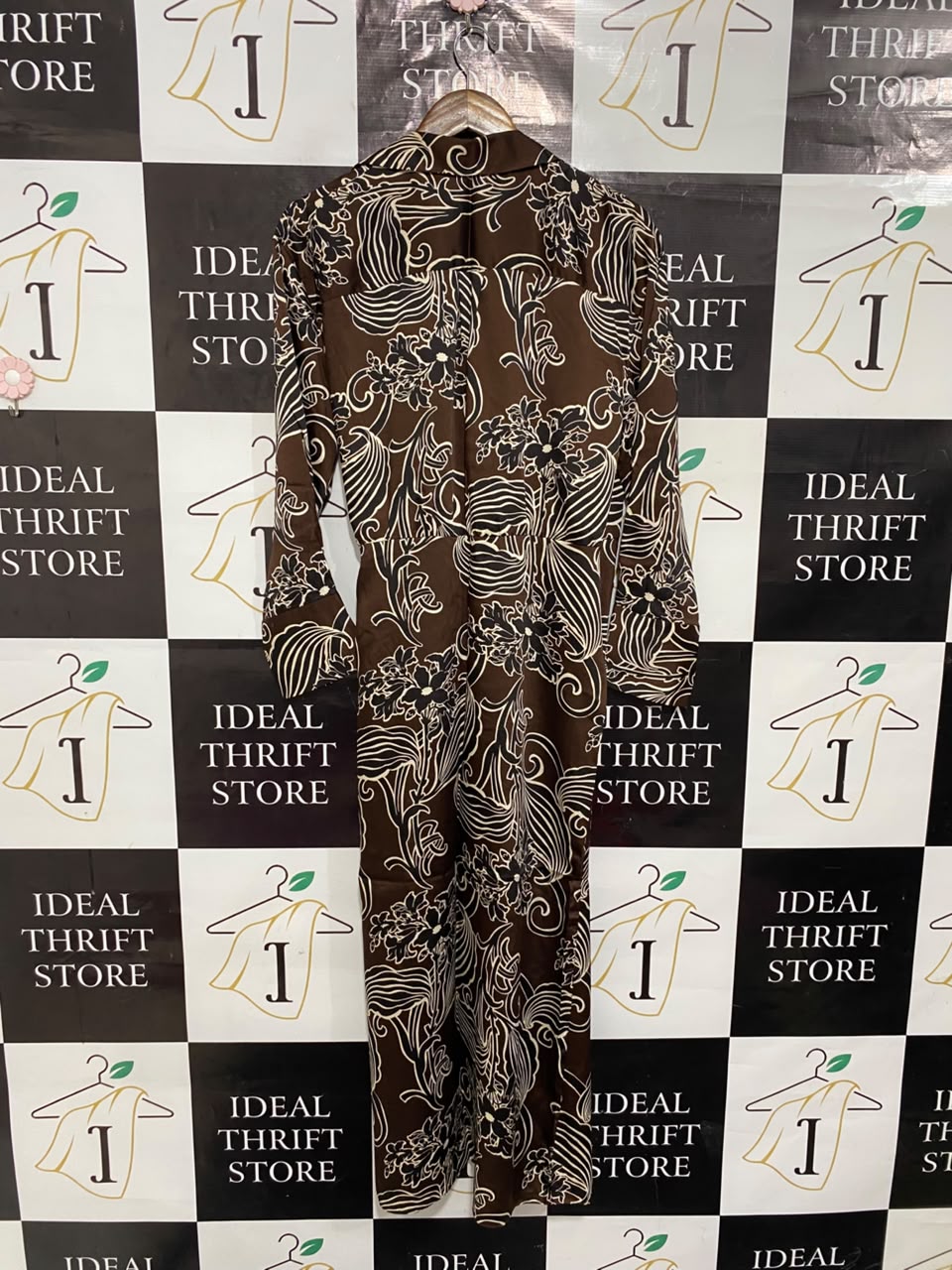 ZARA |XL| BUST 20| A21| BROWN AND CREAM FLORAL SWIRL PRINT LONG SLEEVE WRAP MIDI DRESS WITH COLLAR