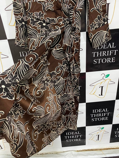 ZARA |XL| BUST 20| A21| BROWN AND CREAM FLORAL SWIRL PRINT LONG SLEEVE WRAP MIDI DRESS WITH COLLAR
