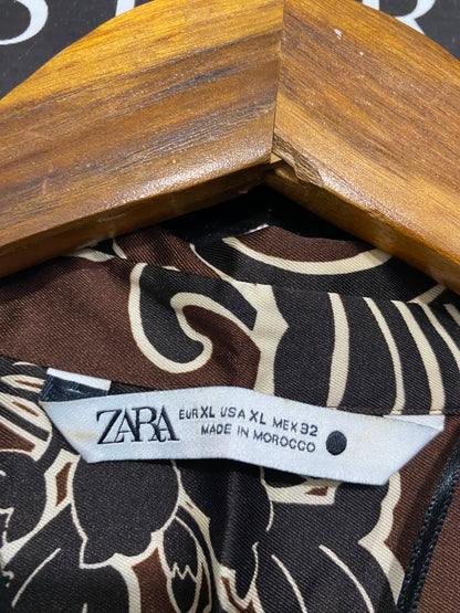 ZARA |XL| BUST 20| A21| BROWN AND CREAM FLORAL SWIRL PRINT LONG SLEEVE WRAP MIDI DRESS WITH COLLAR