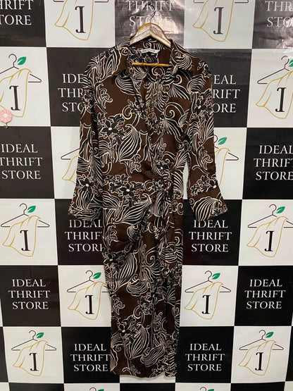 ZARA |XL| BUST 20| A21| BROWN AND CREAM FLORAL SWIRL PRINT LONG SLEEVE WRAP MIDI DRESS WITH COLLAR