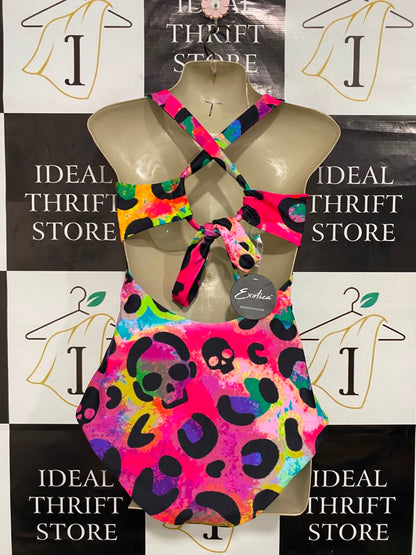 EXOTICA |L| BUST 15| A21| NEON MULTICOLOR SKULL AND LEOPARD PRINT ONE-PIECE SWIMSUIT V-NECK BODYSUIT