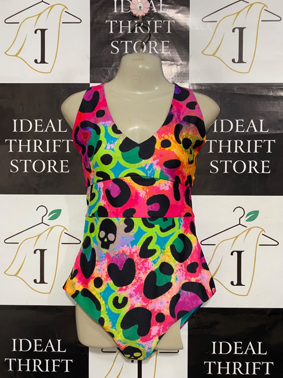 EXOTICA |L| BUST 15| A21| NEON MULTICOLOR SKULL AND LEOPARD PRINT ONE-PIECE SWIMSUIT V-NECK BODYSUIT