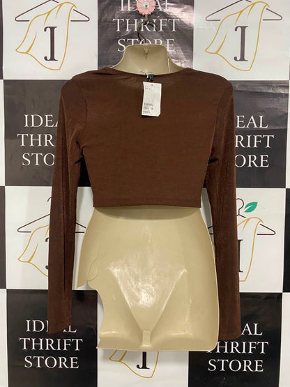 H&M |S| BUST 15| A21| BROWN LONG SLEEVE CROP TOP WITH FRONT TIE-UP AND RUCHED CUT-OUT