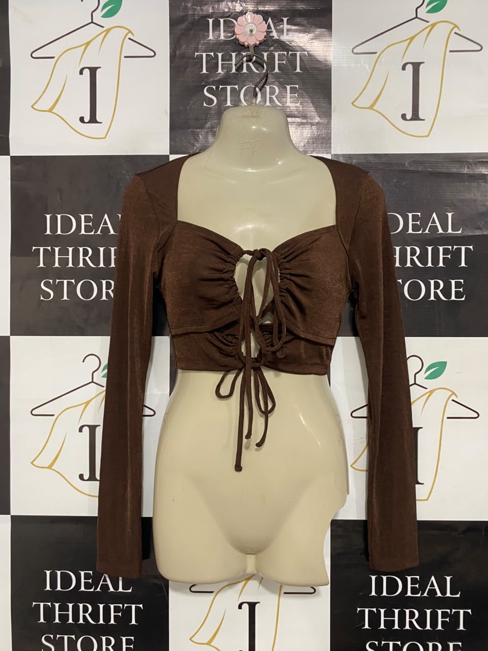 H&M |S| BUST 15| A21| BROWN LONG SLEEVE CROP TOP WITH FRONT TIE-UP AND RUCHED CUT-OUT