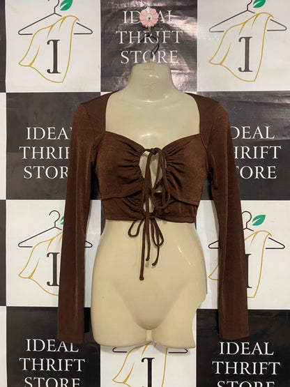 H&M |S| BUST 15| A21| BROWN LONG SLEEVE CROP TOP WITH FRONT TIE-UP AND RUCHED CUT-OUT