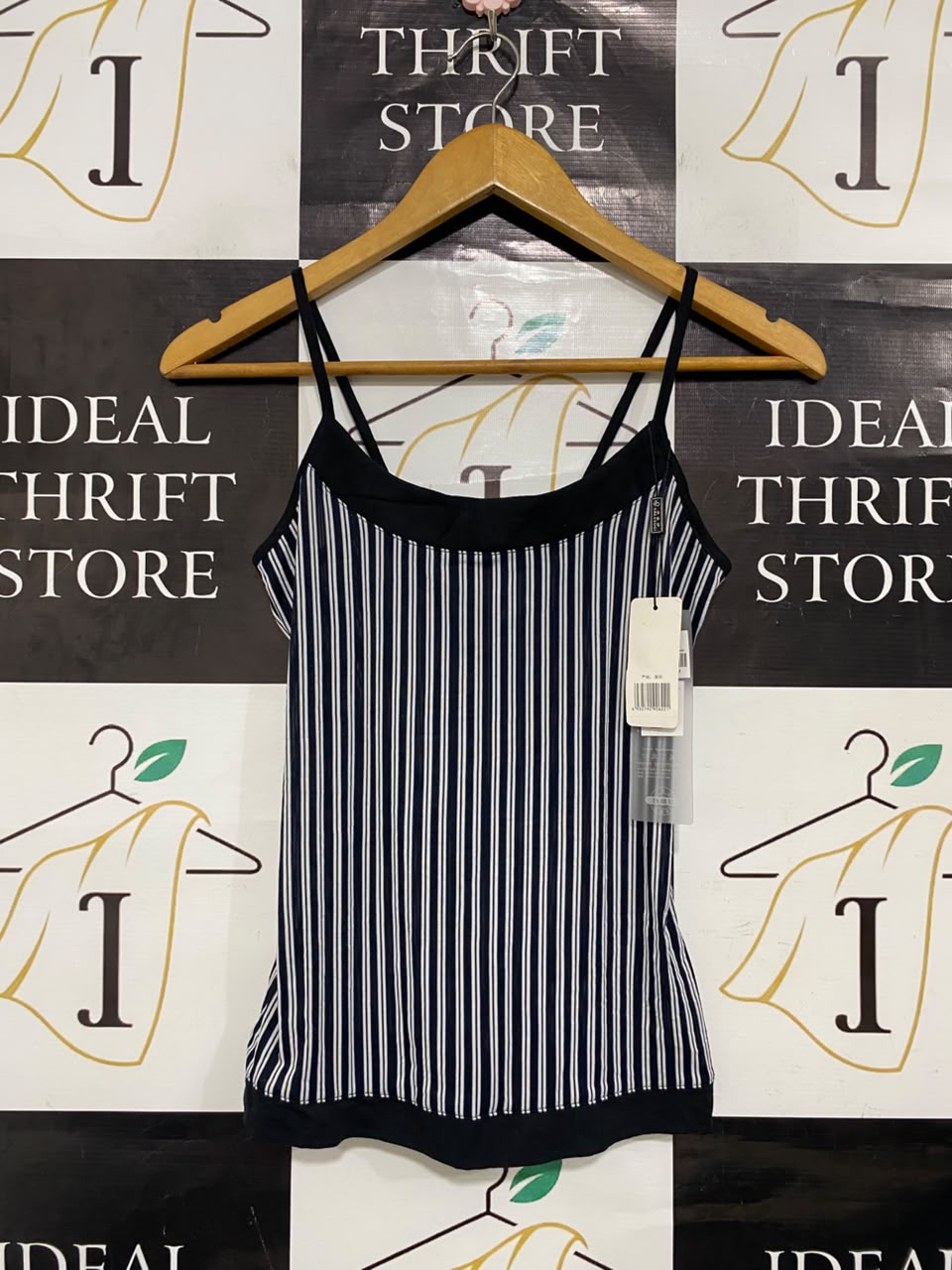 CREASUGI |S| BUST 14| A21| BLACK AND WHITE STRIPED CAMISOLE TANK TOP WITH DOUBLE STRAPS