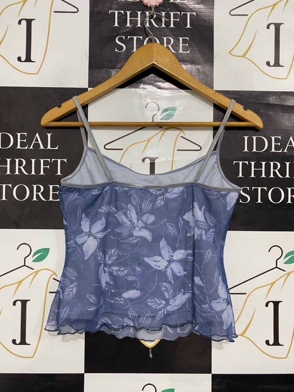 THEONIS |S| BUST 15| A21| BLUE FLORAL SHEER MESH CAMI TOP WITH LETTUCE TRIM AND SPAGHETTI STRAPS