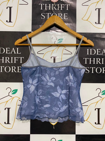 THEONIS |S| BUST 15| A21| BLUE FLORAL SHEER MESH CAMI TOP WITH LETTUCE TRIM AND SPAGHETTI STRAPS