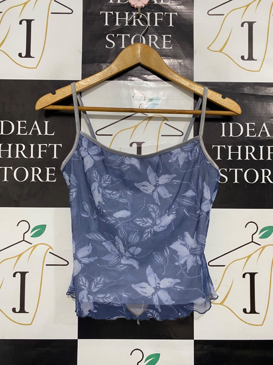 THEONIS |S| BUST 15| A21| BLUE FLORAL SHEER MESH CAMI TOP WITH LETTUCE TRIM AND SPAGHETTI STRAPS