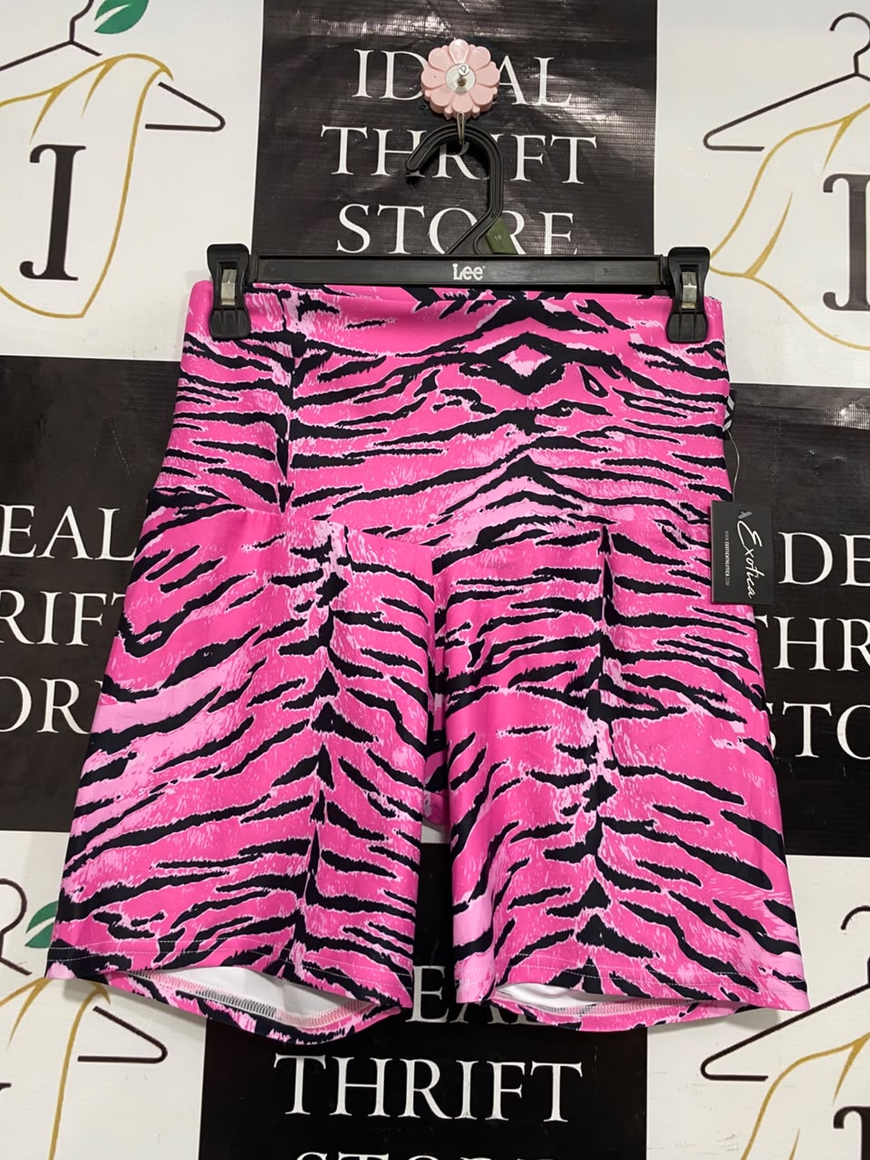 EXOTICA |S| WAIST 26| A21| PINK AND BLACK TIGER STRIPE HIGH-WAISTED ATHLETIC BIKER SHORTS
