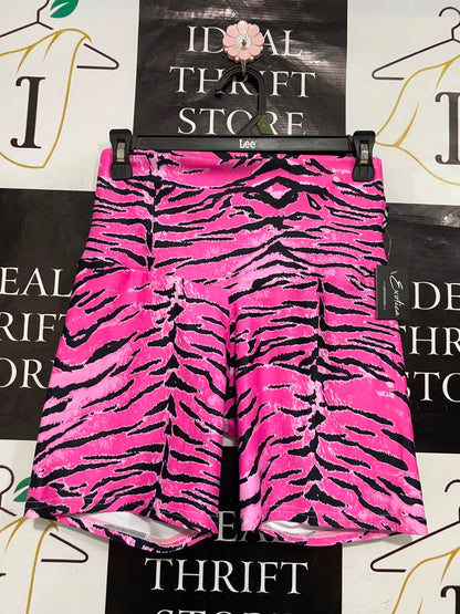 EXOTICA |S| WAIST 26| A21| PINK AND BLACK TIGER STRIPE HIGH-WAISTED ATHLETIC BIKER SHORTS