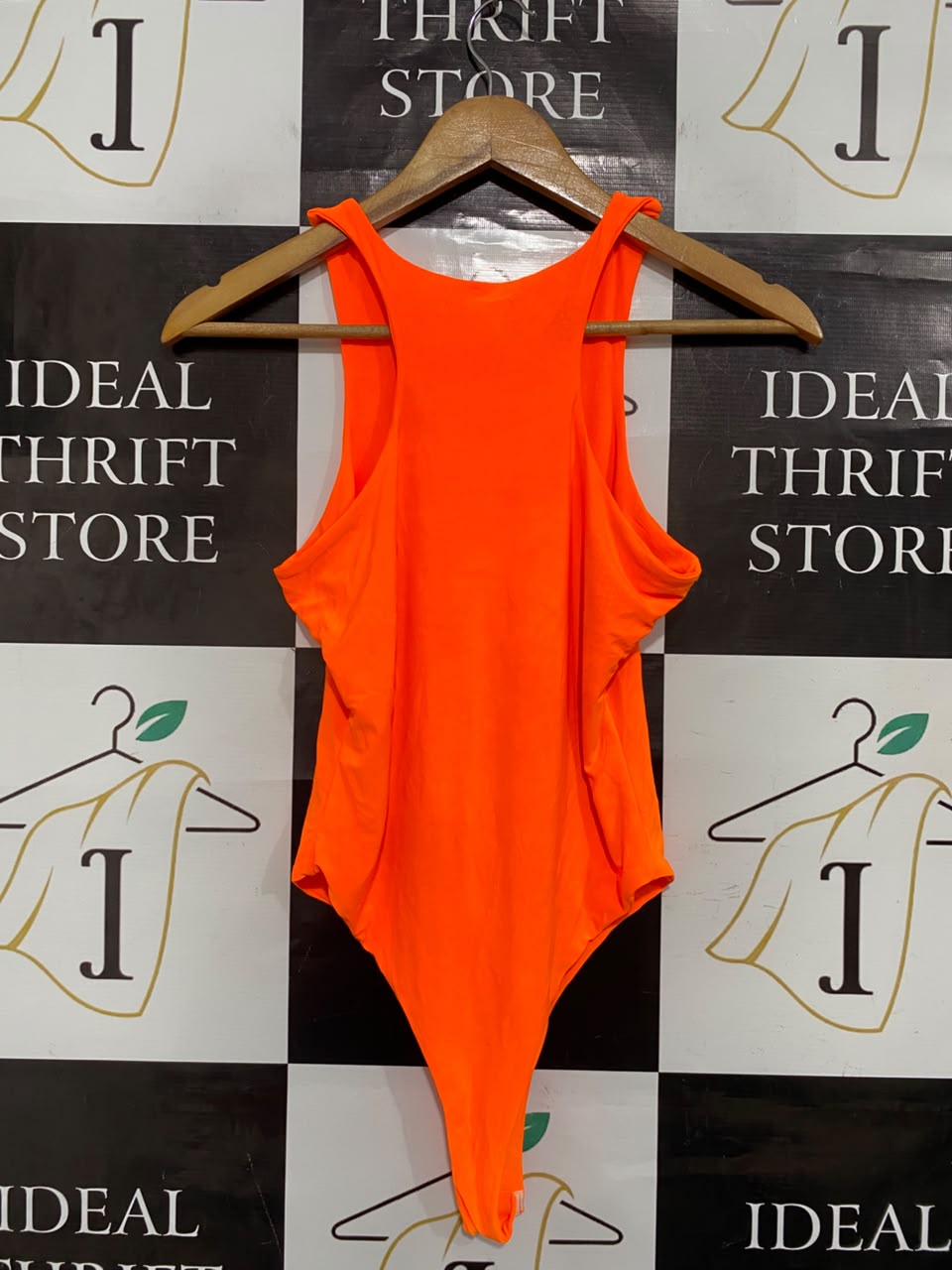 BOOHOO |S| BUST 14| A21| NEON ORANGE RACERBACK BODYSUIT THONG CUT SLEEVELESS TOP