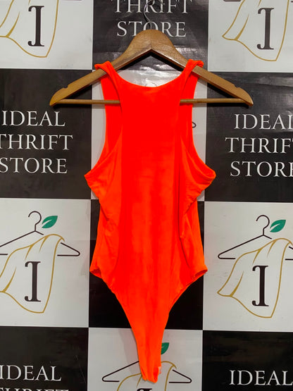 BOOHOO |S| BUST 14| A21| NEON ORANGE RACERBACK BODYSUIT THONG CUT SLEEVELESS TOP