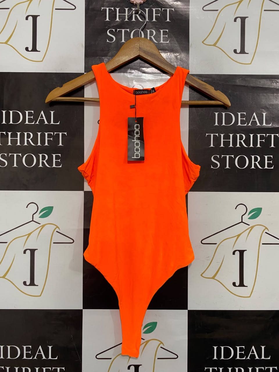 BOOHOO |S| BUST 14| A21| NEON ORANGE RACERBACK BODYSUIT THONG CUT SLEEVELESS TOP