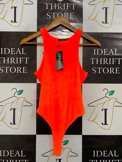 BOOHOO |S| BUST 14| A21| NEON ORANGE RACERBACK BODYSUIT THONG CUT SLEEVELESS TOP