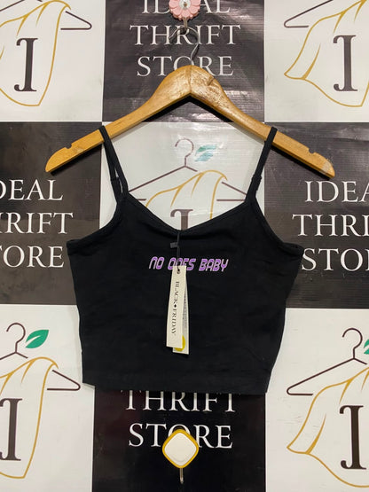 BLACK FRIDAY |S| BUST 14| A21| BLACK "NO ONES BABY" GRAPHIC CROP CAMI TOP WITH SPAGHETTI STRAPS