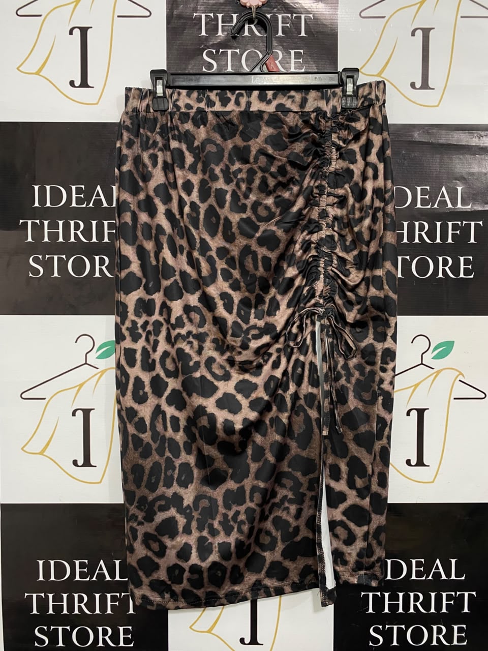 SHEIN CURVE |XL| WAIST 28| A21| BROWN LEOPARD PRINT MIDI SKIRT WITH SIDE RUCHED DRAWSTRING AND SLIT