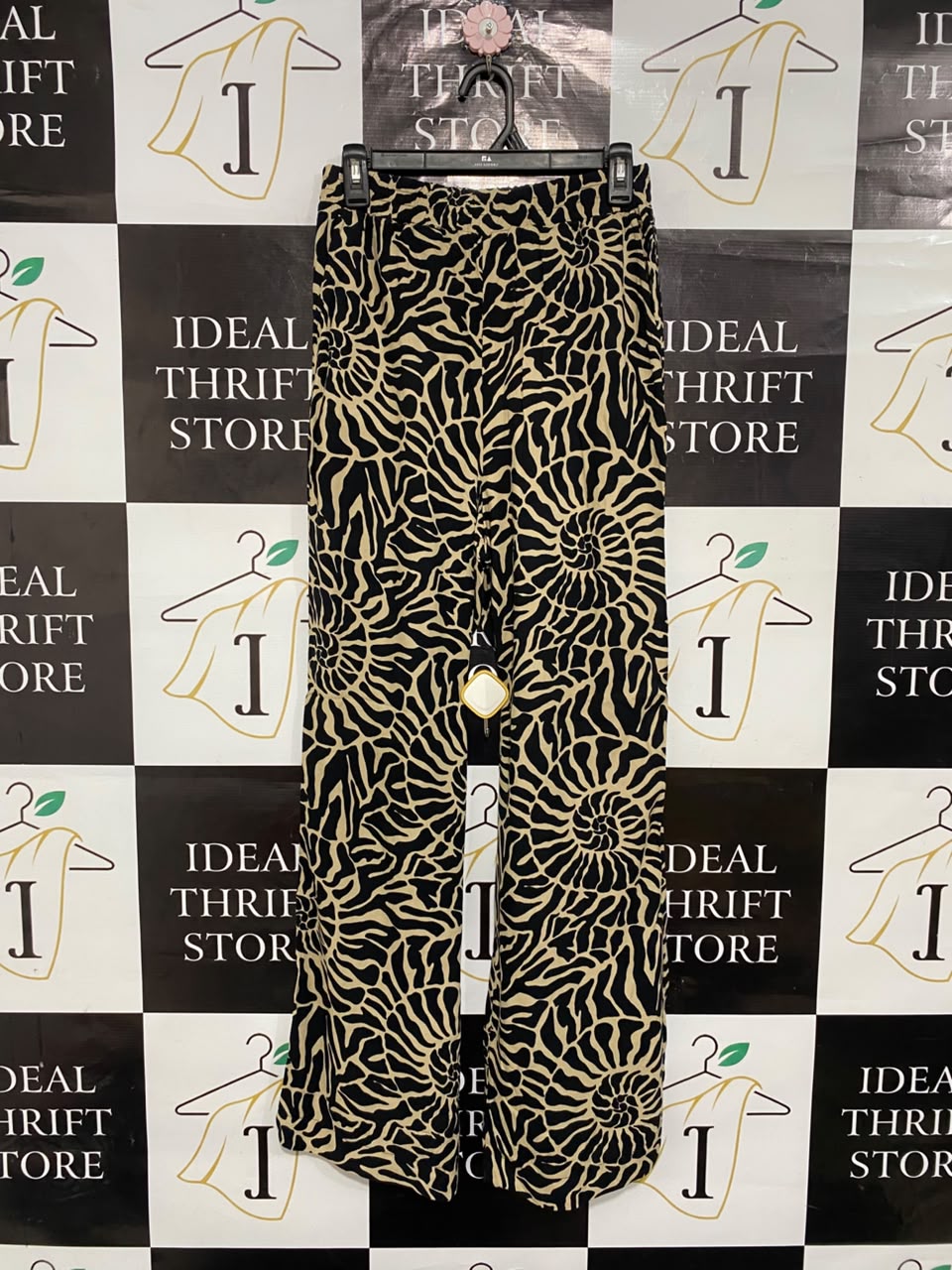 SELECT |S| WAIST 26| A21| BLACK AND BEIGE ABSTRACT SWIRL PATTERN WIDE LEG TROUSERS RELAXED FIT PANTS