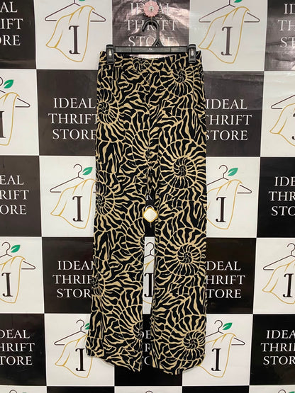 SELECT |S| WAIST 26| A21| BLACK AND BEIGE ABSTRACT SWIRL PATTERN WIDE LEG TROUSERS RELAXED FIT PANTS