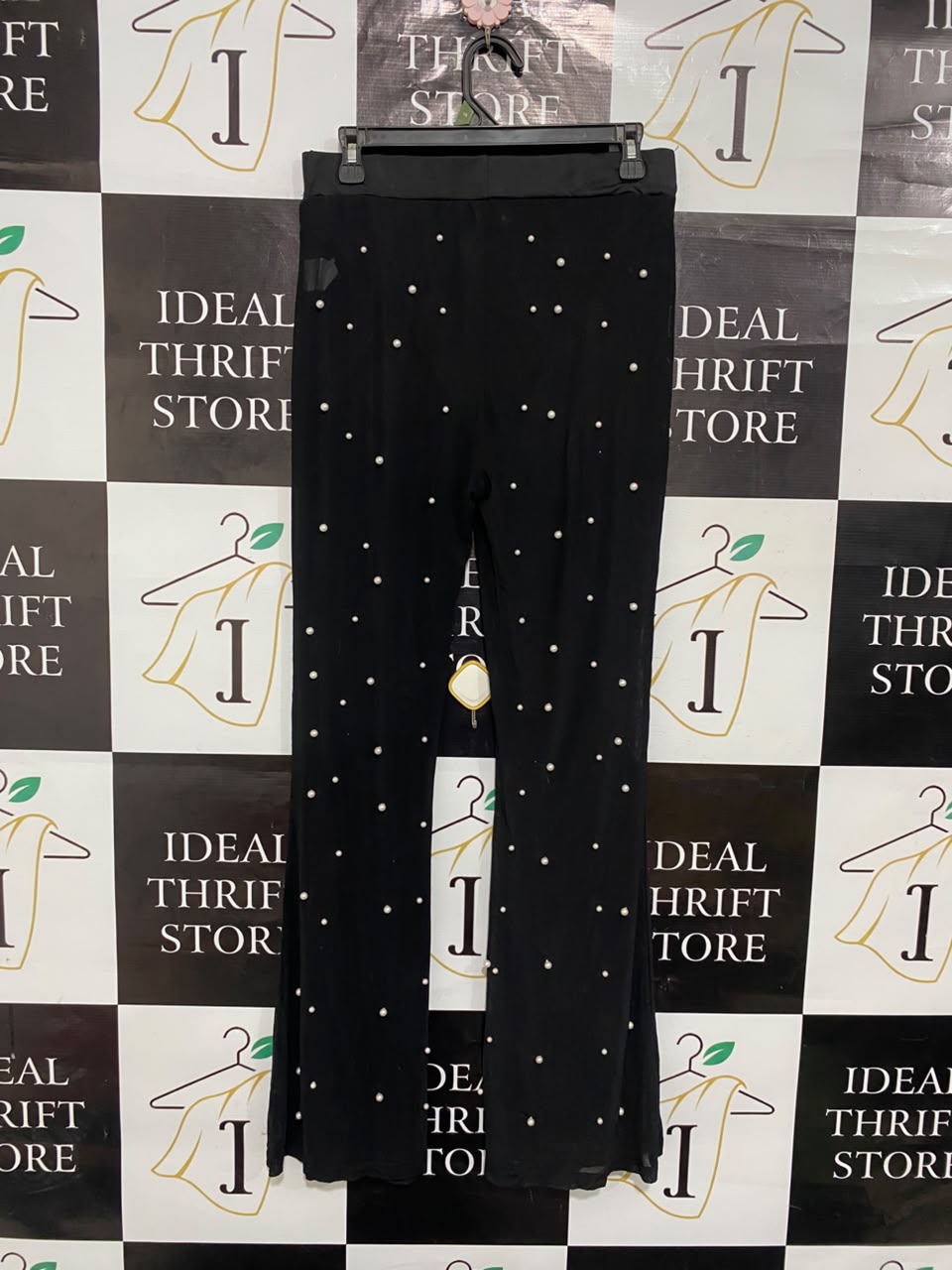 |L| WAIST 29| A21| BLACK MESH FLARE PANTS WITH ALL-OVER FAUX PEARL EMBELLISHMENTS HIGH WAISTED TROUSERS