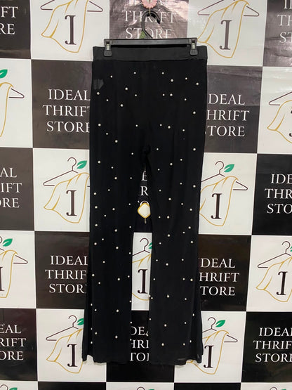 |L| WAIST 29| A21| BLACK MESH FLARE PANTS WITH ALL-OVER FAUX PEARL EMBELLISHMENTS HIGH WAISTED TROUSERS