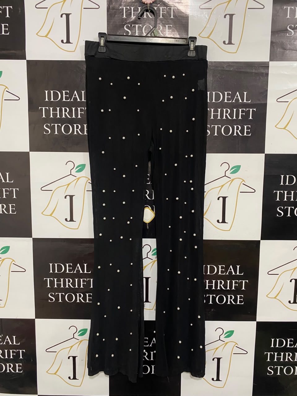 |L| WAIST 29| A21| BLACK MESH FLARE PANTS WITH ALL-OVER FAUX PEARL EMBELLISHMENTS HIGH WAISTED TROUSERS