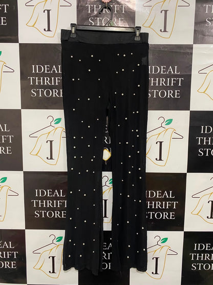 |L| WAIST 29| A21| BLACK MESH FLARE PANTS WITH ALL-OVER FAUX PEARL EMBELLISHMENTS HIGH WAISTED TROUSERS