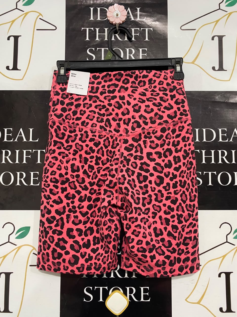 NIKE |S| WAIST 24| A21| PINK AND BLACK LEOPARD ANIMAL PRINT HIGH-WAISTED ATHLETIC BIKER SHORTS