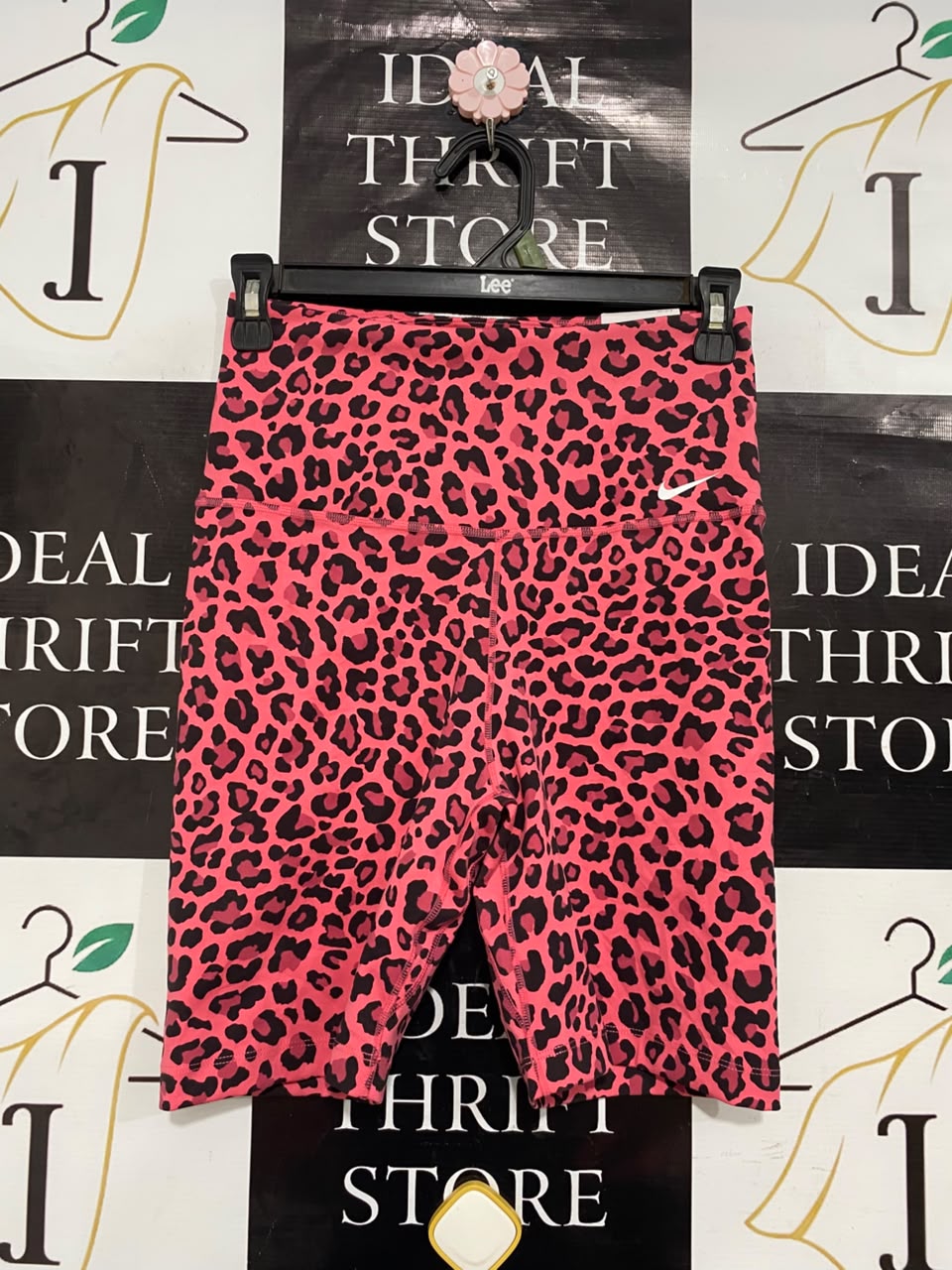 NIKE |S| WAIST 24| A21| PINK AND BLACK LEOPARD ANIMAL PRINT HIGH-WAISTED ATHLETIC BIKER SHORTS