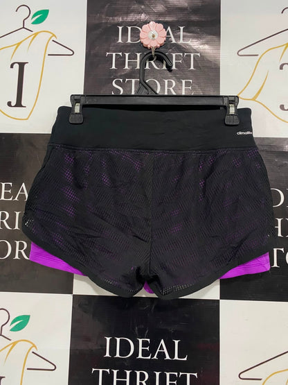 ADIDAS |XS| WAIST 28| A21| WOMEN 2-IN-1 ATHLETIC SHORTS BLACK PURPLE MESH GYM RUNNING ACTIVEWEAR