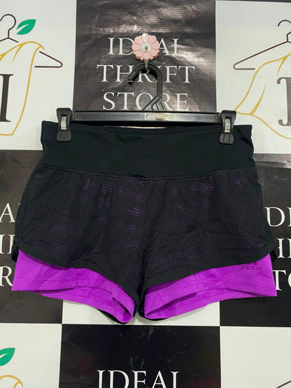 ADIDAS |XS| WAIST 28| A21| WOMEN 2-IN-1 ATHLETIC SHORTS BLACK PURPLE MESH GYM RUNNING ACTIVEWEAR
